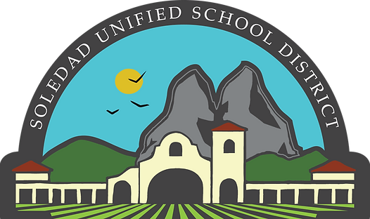 Logo of Soledad Unified School District with mountains, mission building, fields, and a crescent moon.