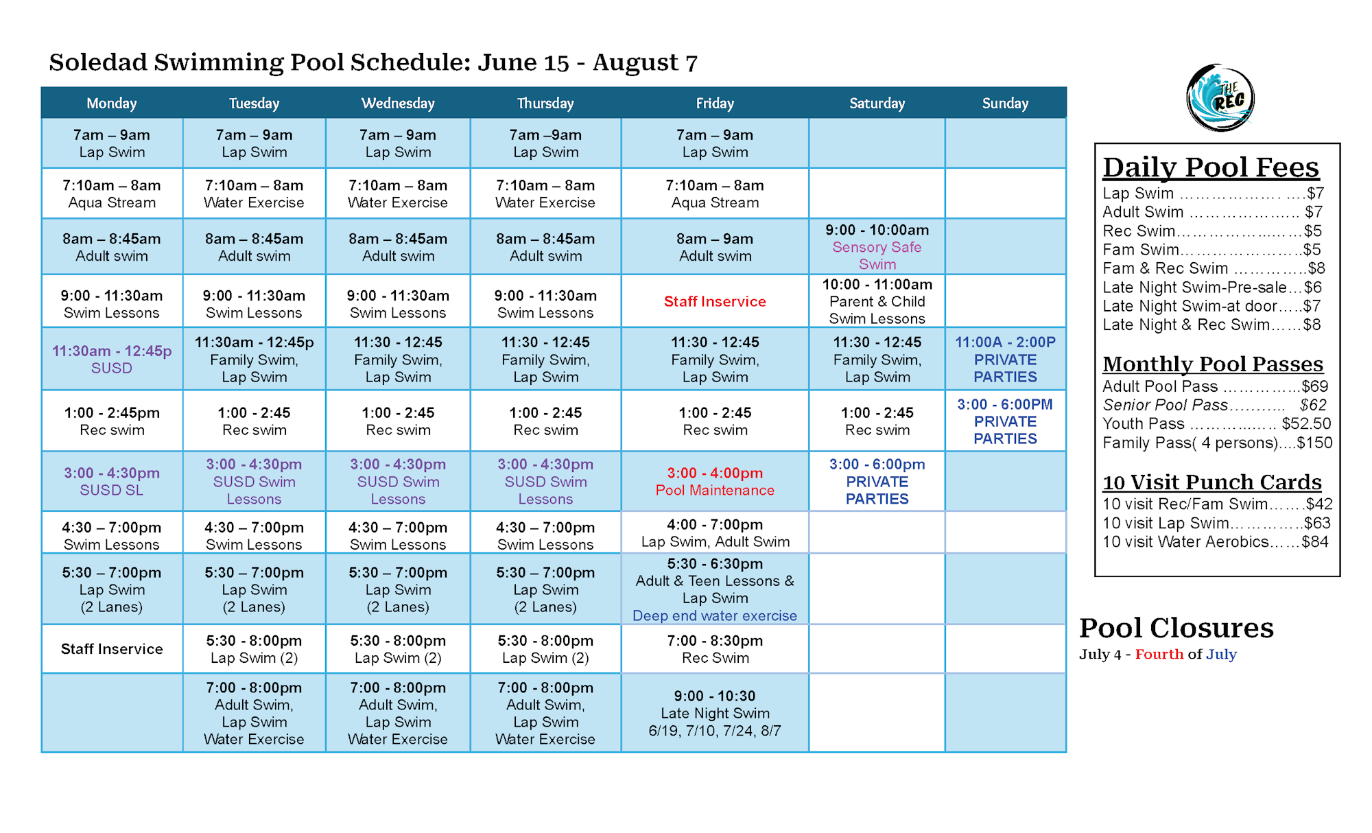 It's a swimming pool schedule for Soledad, covering activities, fees, and closures from June 15 to August 7.