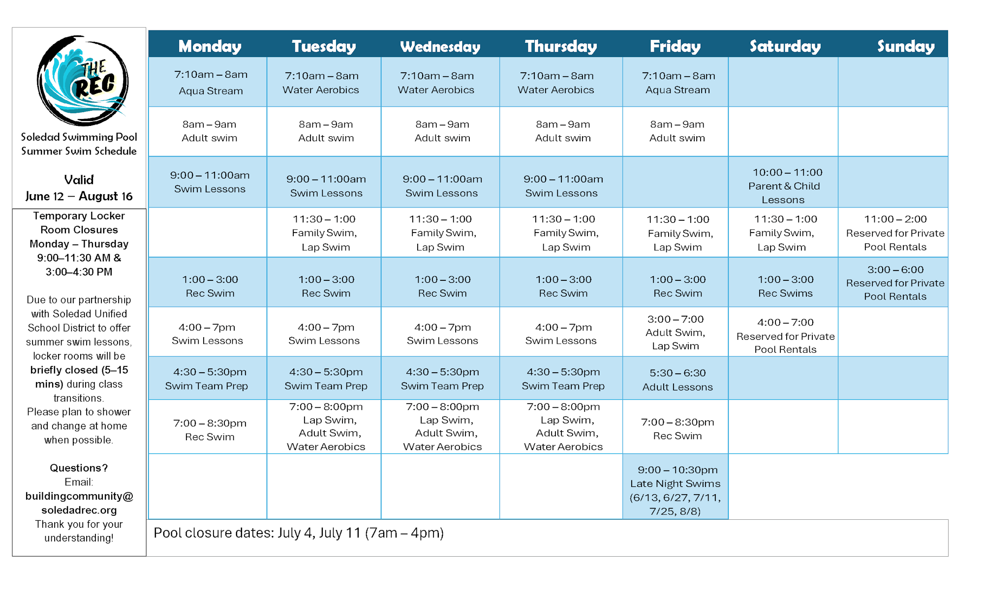 Soledad swimming pool summer schedule, June 12-August 16. Includes lessons, swim team prep, adult and rec swim, locker closure info.