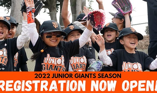 Happy kids in baseball gear with text about Junior Giants season registration.