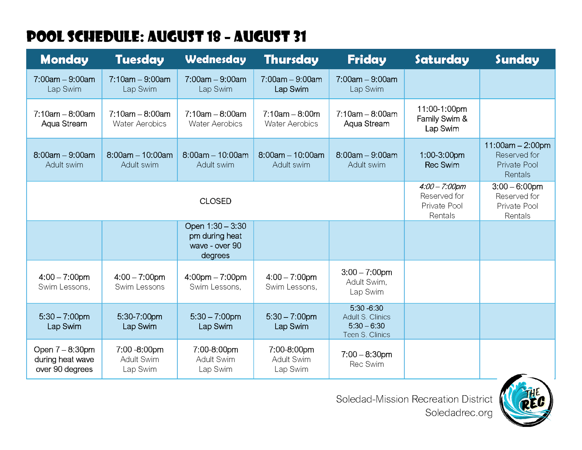 Pool schedule from August 18-31, includes lap swim, adult swim, lessons, and rentals. Open times vary by day.