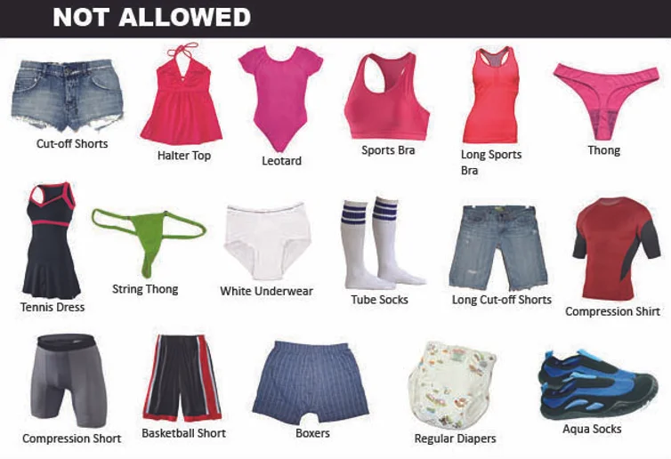 Various types of clothing labeled "NOT ALLOWED," including shorts, tops, undergarments, and athletic wear.