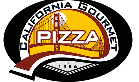 A logo featuring the Golden Gate Bridge, the words "California Gourmet Pizza," and "EST 1986" on a red ribbon.