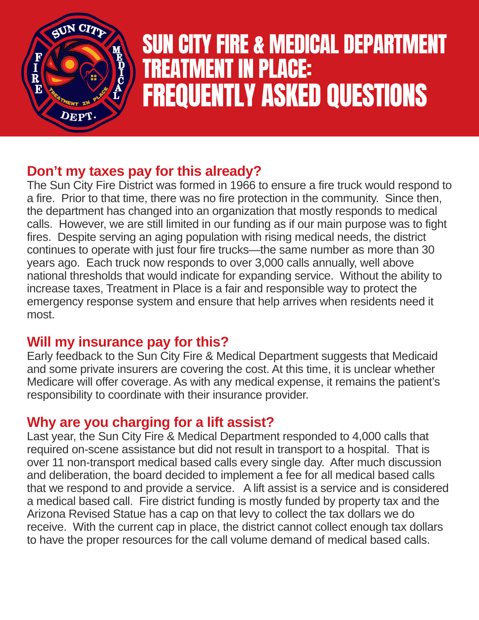 A FAQ document from Sun City Fire & Medical Department about treatment fees and insurance coverage.