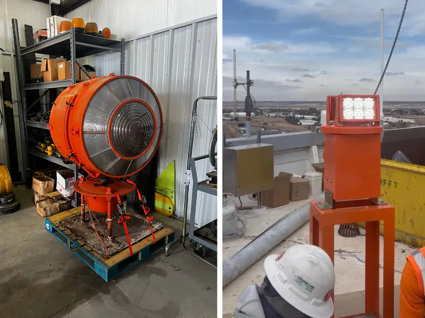 The image shows two setups: an industrial light mounted in a storage area and a high-intensity light on a rooftop with workers.