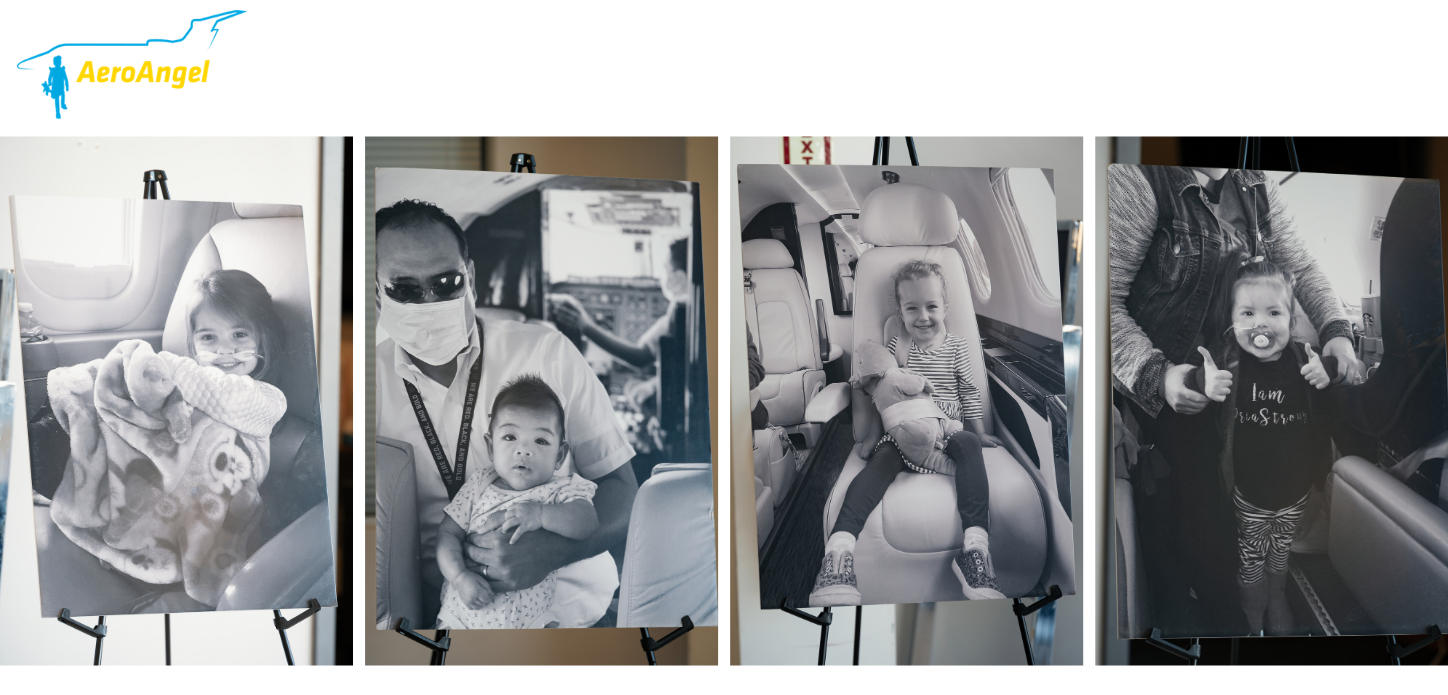 The image features black-and-white photos of children and caregivers, possibly taken during medical transport by AeroAngel.