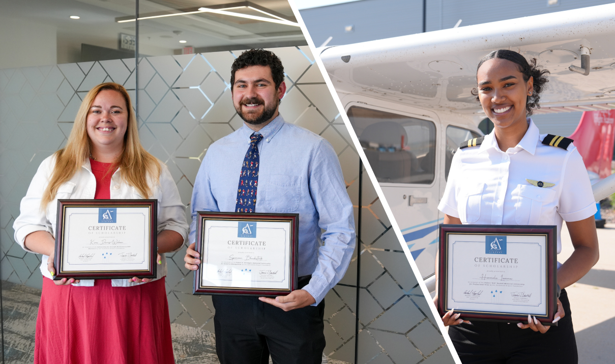 The image features three individuals holding scholarship certificates, with a pilot in uniform next to an aircraft.