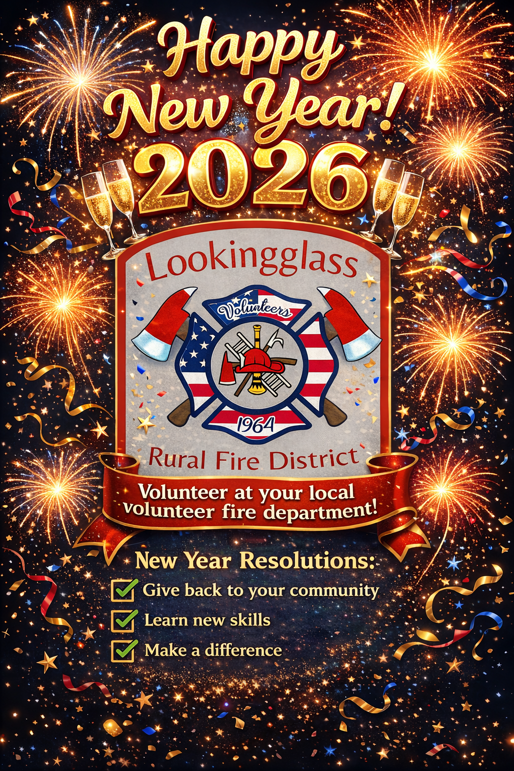 Celebrating New Year 2026! Join the Lookingglass Rural Fire District as a volunteer. New Year resolutions: give back, learn, make a difference!