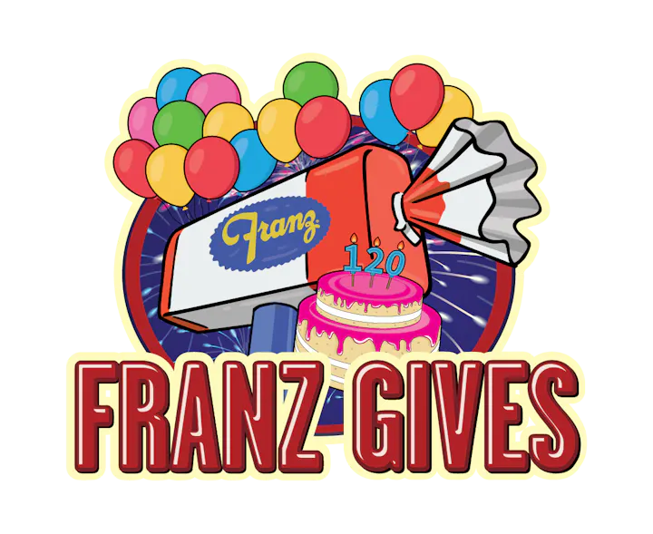 The image features a festive design with balloons, a cake marked "120," and the text "Franz Gives," suggesting a celebration.