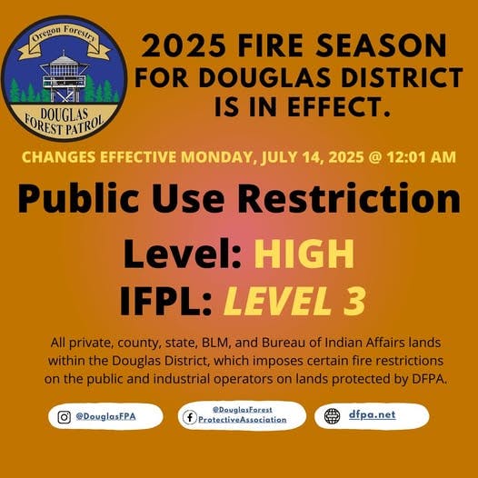 Douglas District 2025 fire season: Level HIGH, IFPL Level 3. Restrictions start July 14. Includes private, county, state, BLM lands.