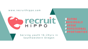 The image promotes "Recruit Hippo," an organization helping youth aged 16-24 in Southwestern Oregon find professional opportunities.