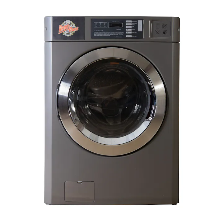 It's a sleek, modern front-loading washing machine with a glass door and control panel.