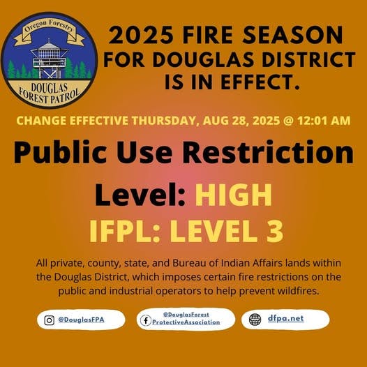 Douglas District fire season 2025: Public use restriction level HIGH, IFPL Level 3 effective Aug 28, 2025.