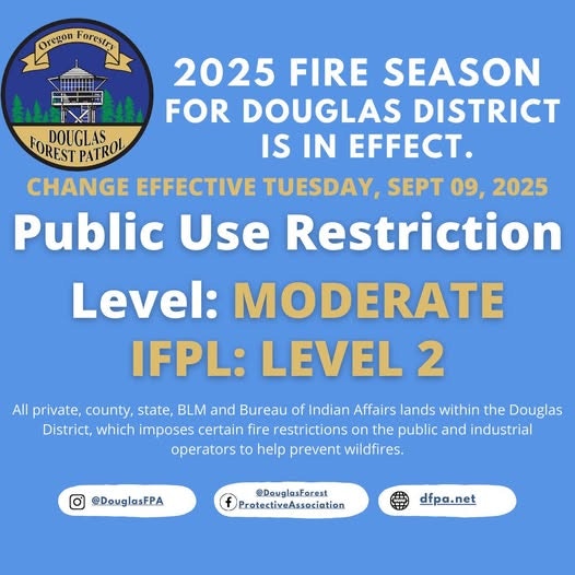 2025 fire season alert for Douglas District: Moderate level, IFPL 2; restrictions in effect as of Sept 9, 2025.