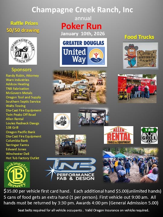 Annual Poker Run at Champagne Creek Ranch on January 10, 2026. $35 per vehicle, food trucks, raffle prizes, and more!