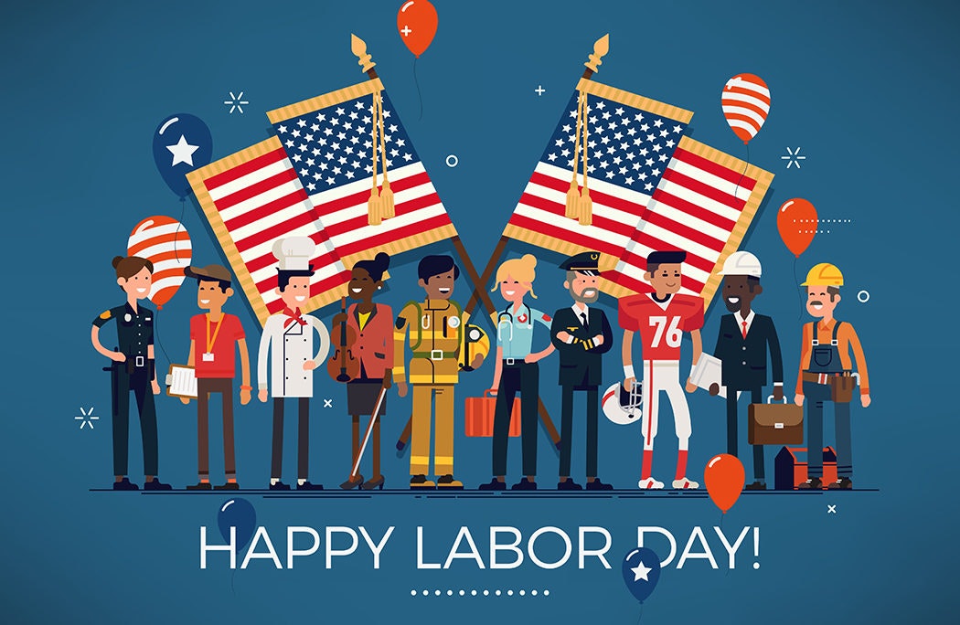Illustration of diverse workers with American flags and balloons, celebrating Labor Day.