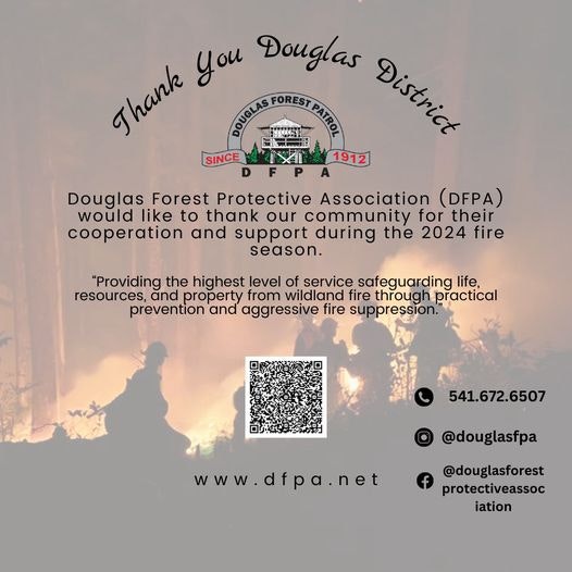 A thank-you note from Douglas Forest Protective Association for community support during the 2024 fire season, with contact info and QR code.