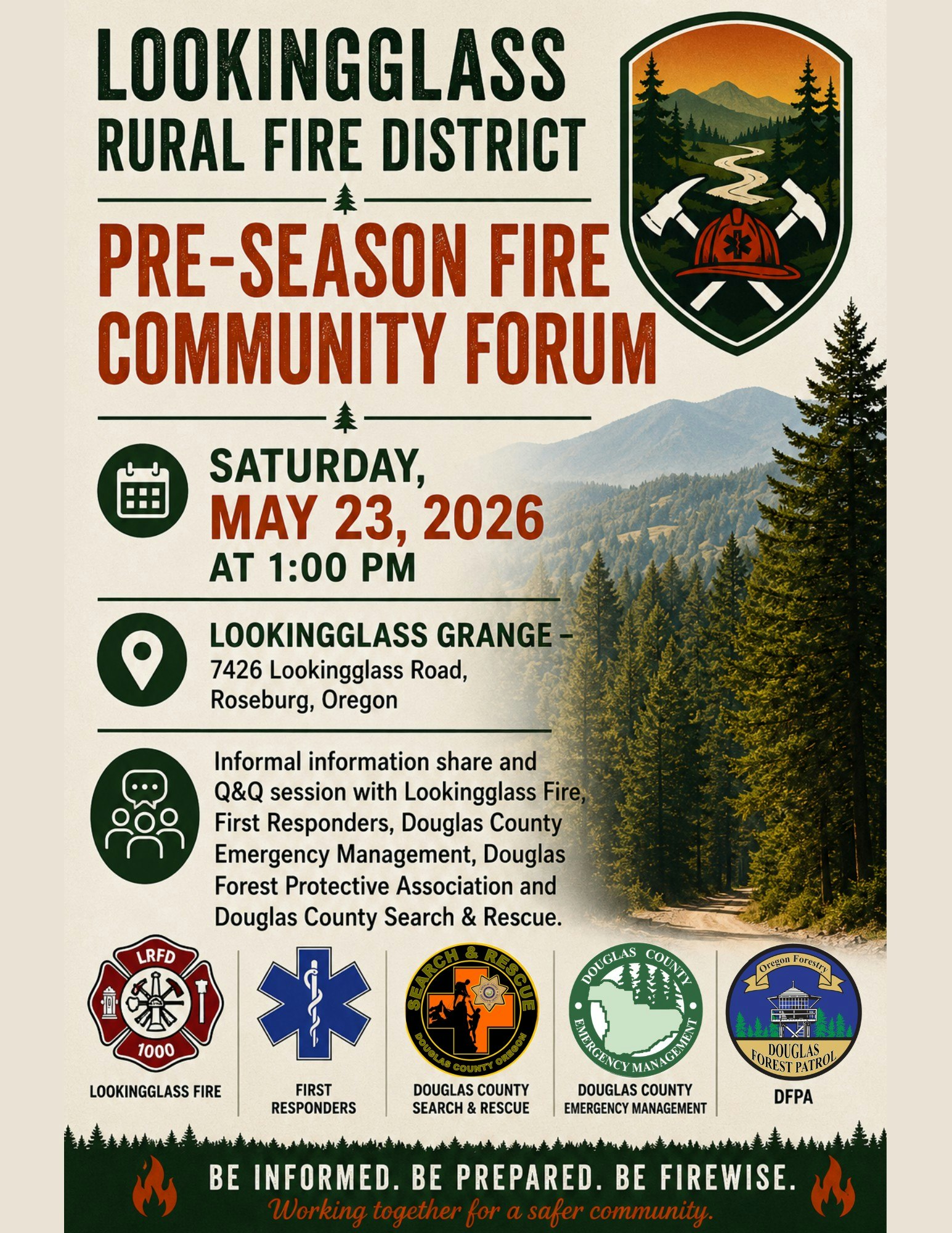 Community forum on fire safety hosted by Lookingglass Rural Fire District, May 23, 2026, at Lookingglass Grange, Oregon.