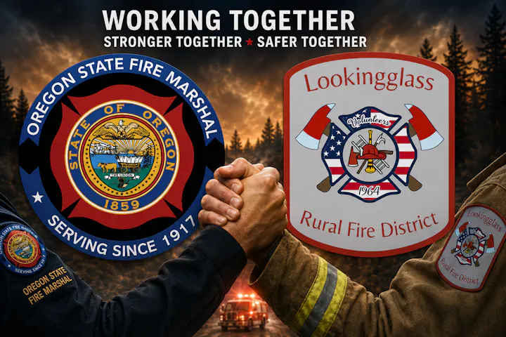 The image shows collaboration between the Oregon State Fire Marshal and the Lookingglass Rural Fire District, emphasizing safety and teamwork.