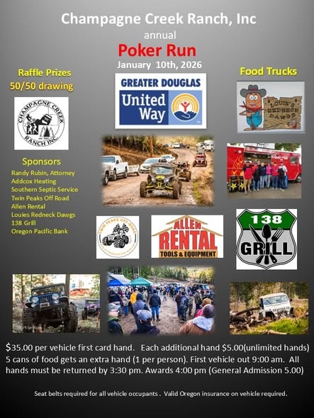 Champagne Creek Ranch Poker Run, Jan 10, 2026. Raffle, food trucks, sponsors. Entry: $35/vehicle, $5/additional hand. Rent equipment.