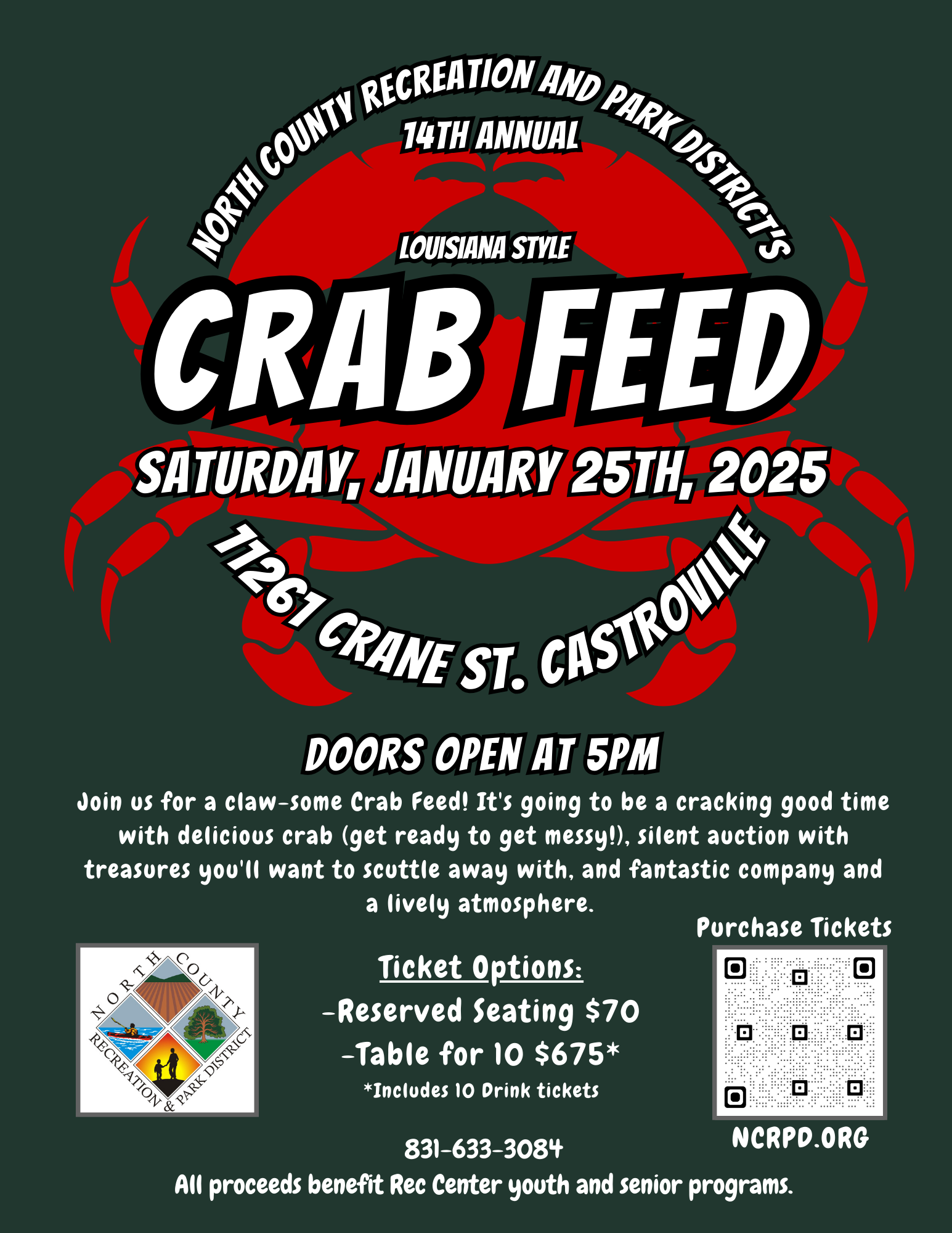 Crab Feed on January 25, 2025, at 11261 Crane St, Castroville. Doors open at 5 PM. Benefits Rec Center programs. Tickets available.