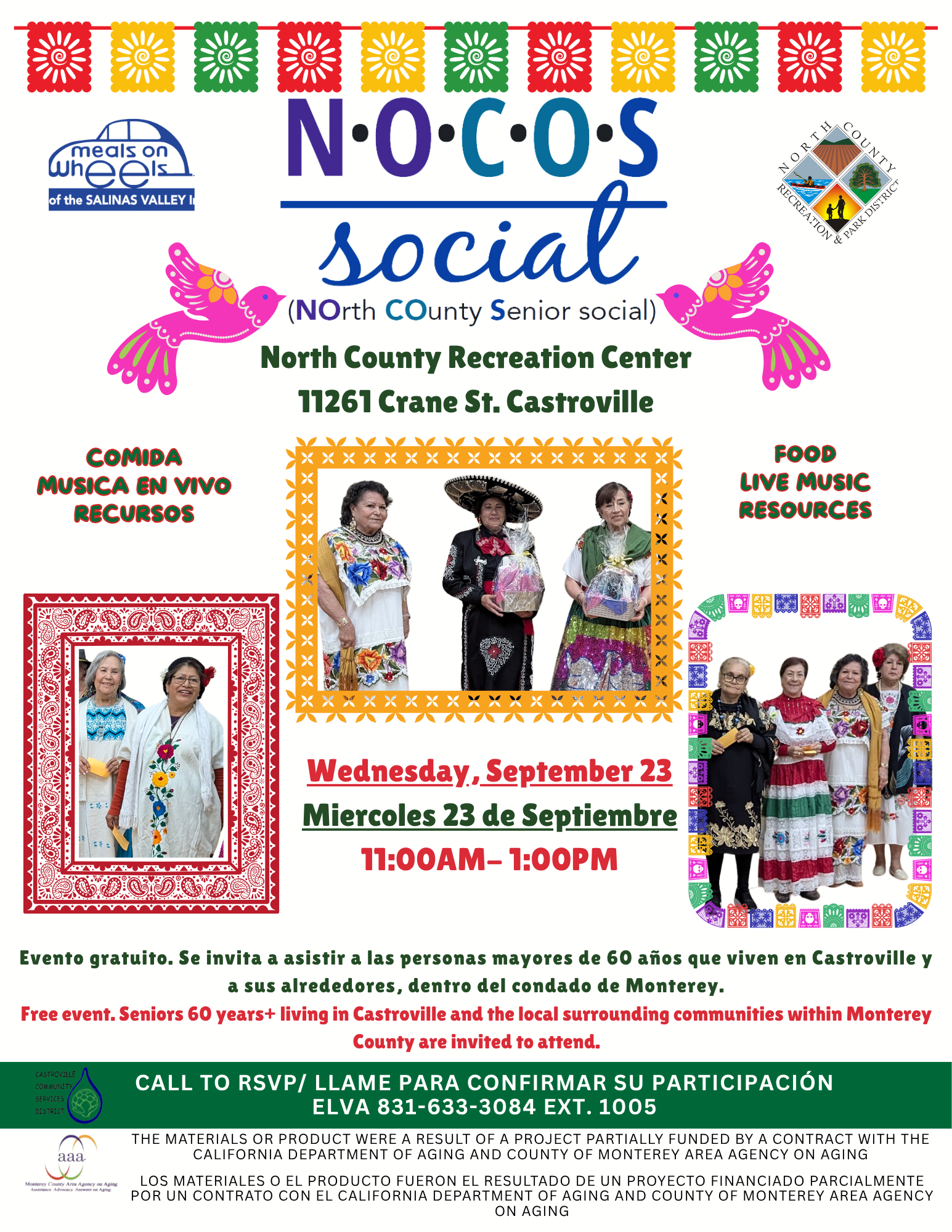 Event for seniors 60+ in Castroville on Sept 23, 11 AM-1 PM at North County Recreation Center. Food, music, and resources available.