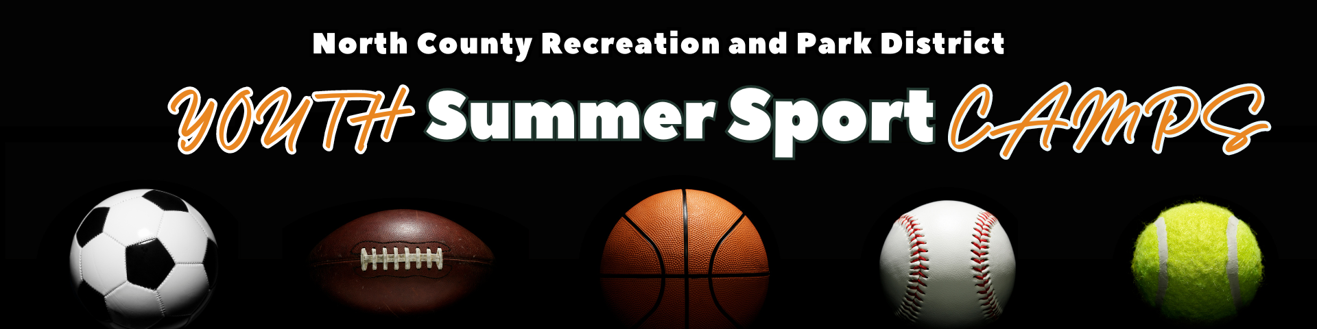 A promotional banner for "Youth Summer Sport Camps" with images of a soccer ball, football, basketball, baseball, and tennis ball.