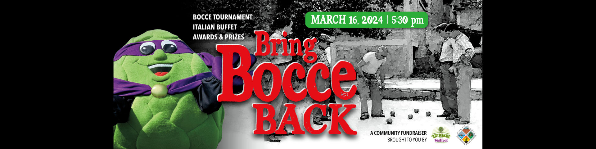 An event banner for a bocce tournament, Italian buffet, and prizes scheduled for March 16, 2024, at 5:30 pm, with mascot and images of players.