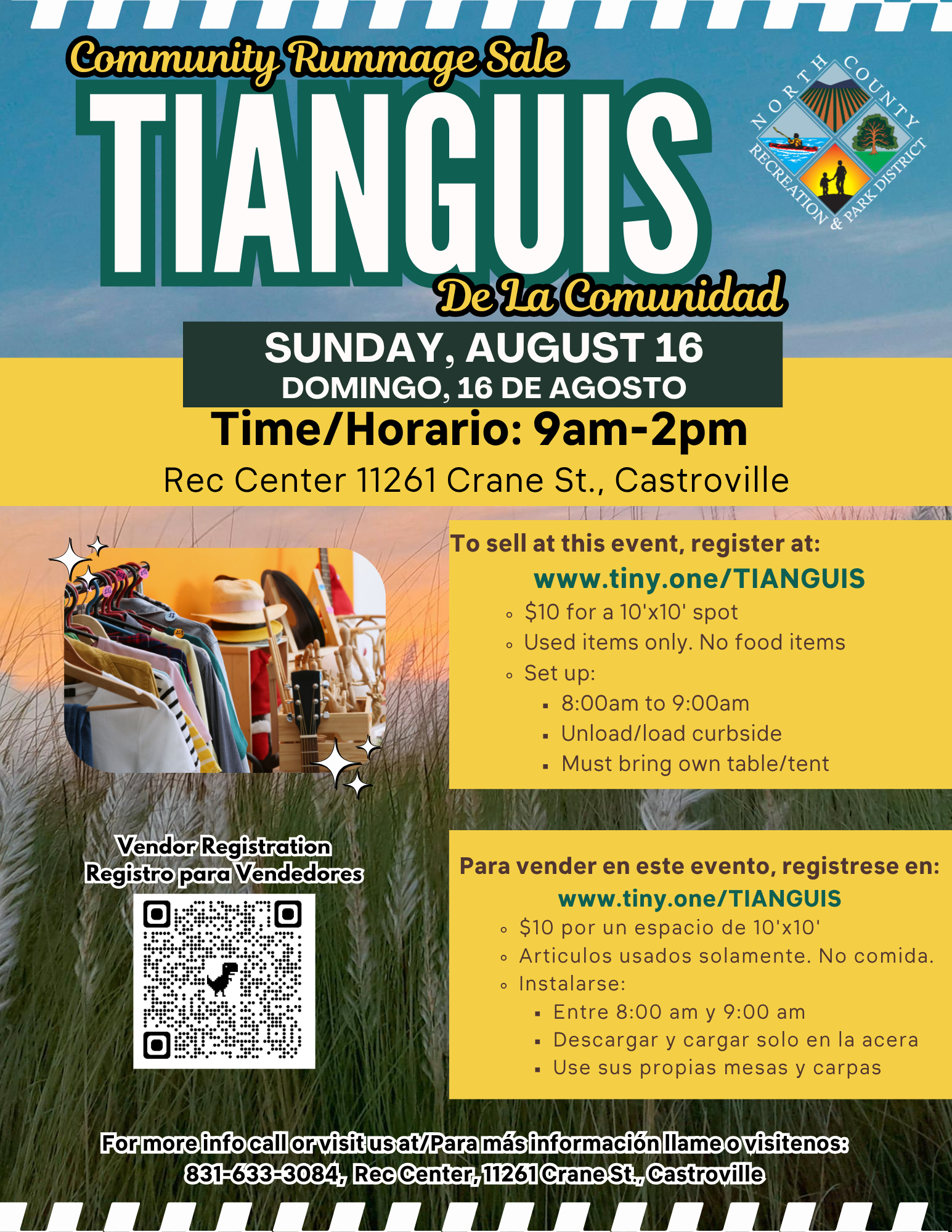 Community rummage sale in Castroville on August 16, 9am-2pm. Vendor spots for $10. Register at www.tiny.one/TIANGUIS.