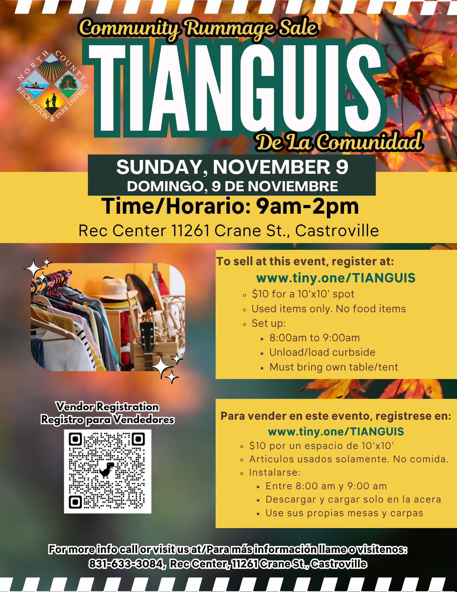 Community Rummage Sale "Tianguis" on Sunday, November 9, from 9am-2pm at Rec Center, 11261 Crane St., Castroville. Registration info included.