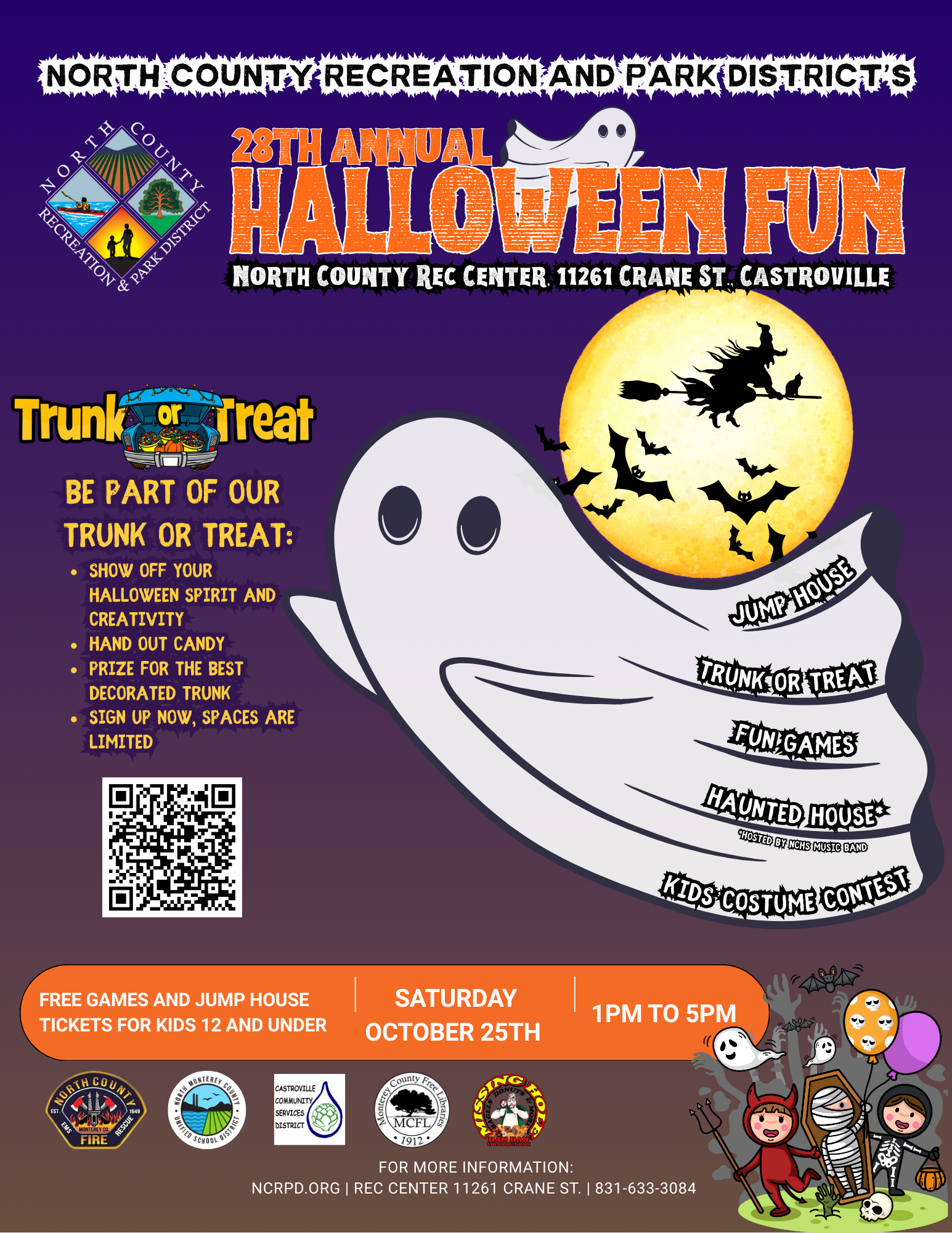 Halloween event flyer: Trunk or Treat, games, haunted house, costume contest. October 25th, 1-5 PM, North County Rec Center.