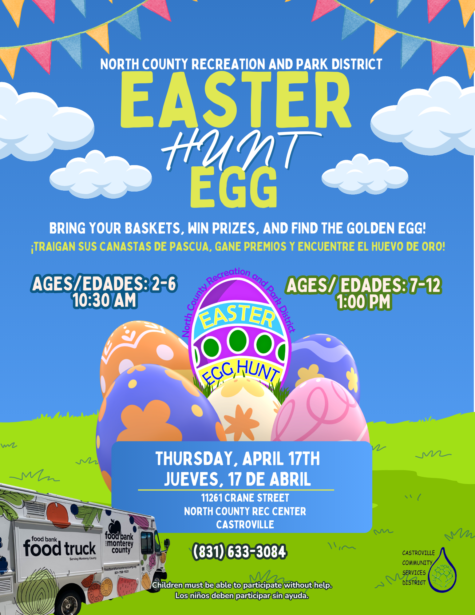 Easter Egg Hunt event on April 17th with age-specific times, featuring prizes and a food truck. Hosted in Castroville.