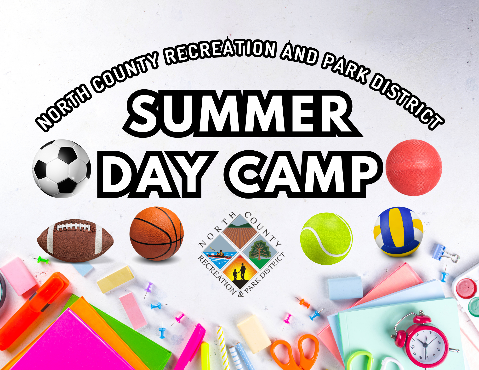 Poster for "North County Recreation and Park District Summer Day Camp" with sports balls and school supplies.