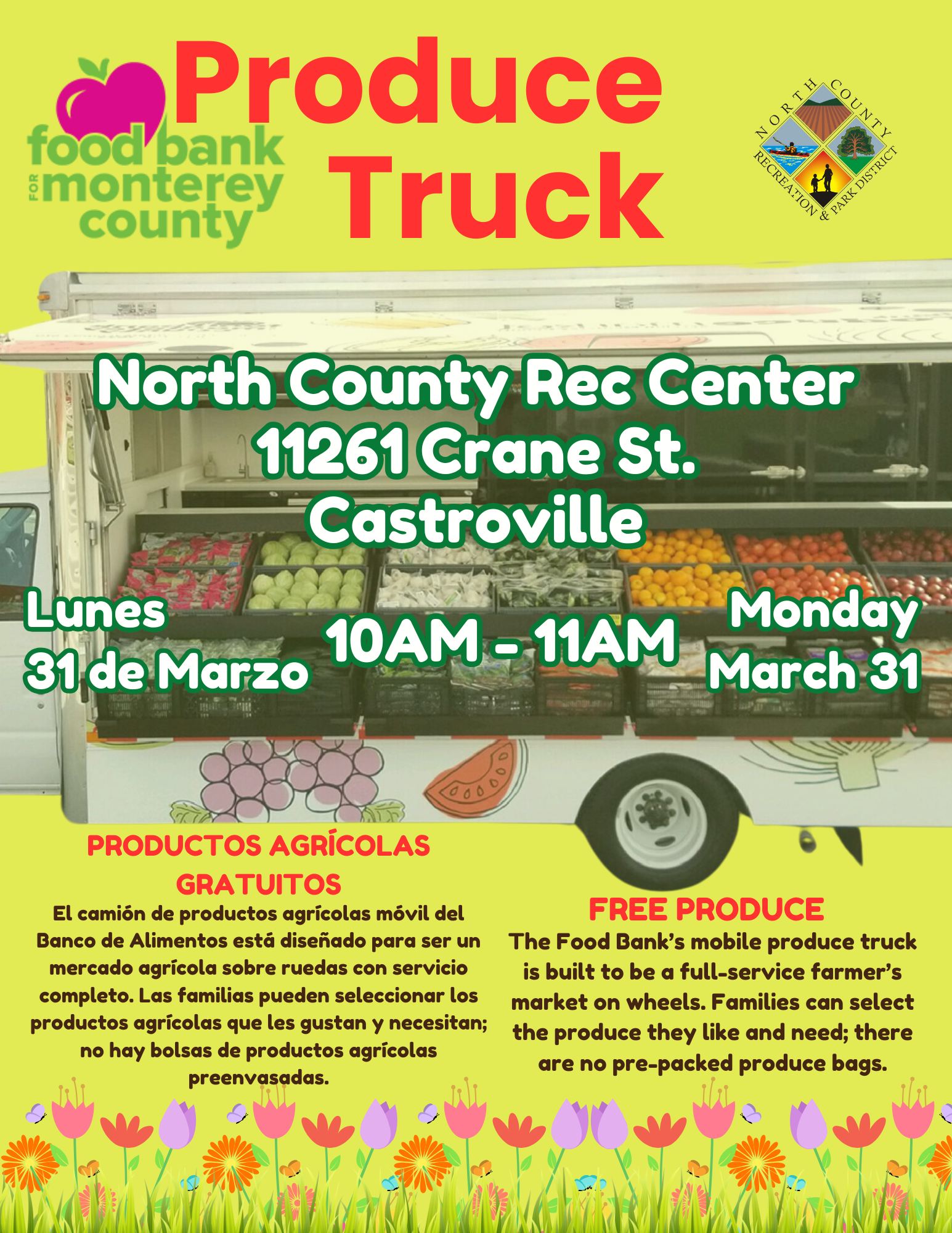 Produce Truck event at North County Rec Center, Castroville on March 31, 10AM-11AM. Free produce for families.