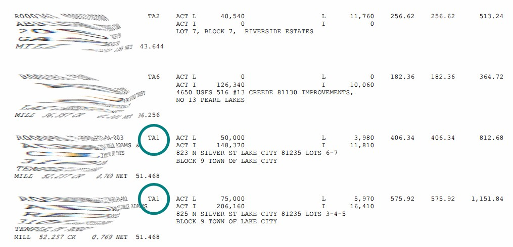 Redacted property tax document with numerical figures and property descriptions.