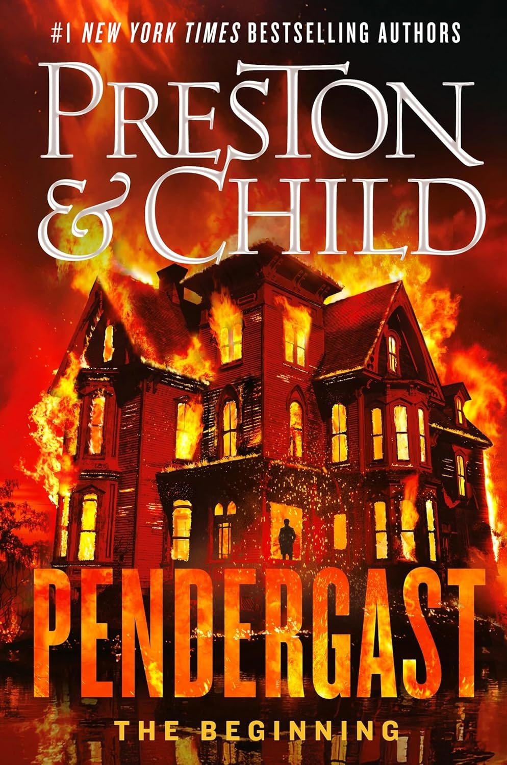 The image features the book cover for "Pendergast: The Beginning" by Preston & Child, showcasing a burning mansion.