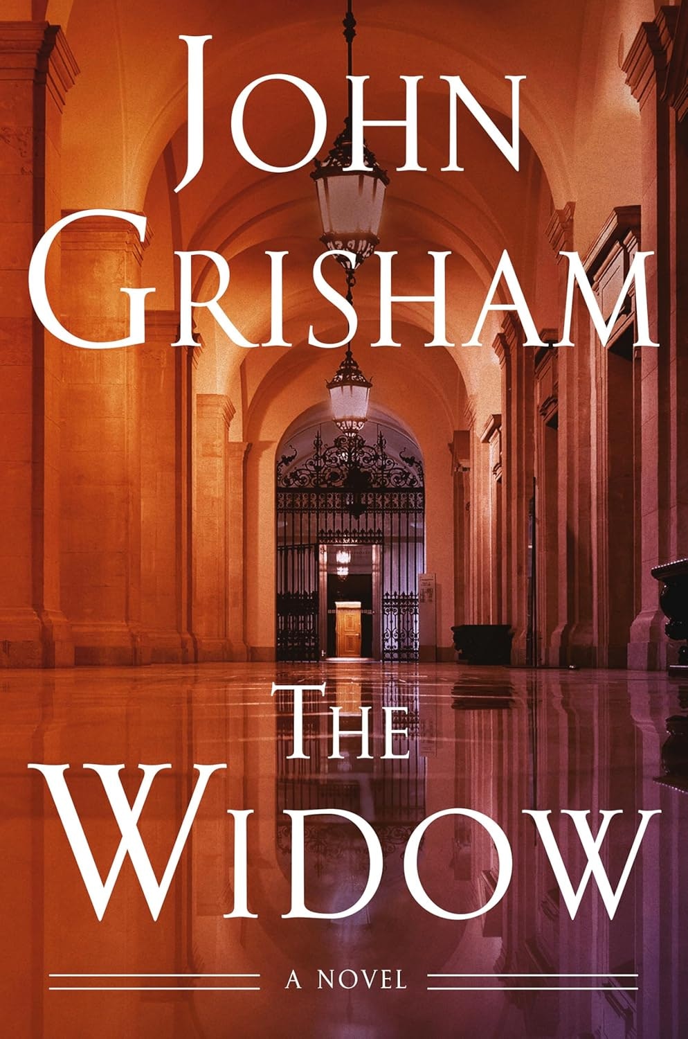 Book cover: "The Widow" by John Grisham, featuring an elegant hallway with arches and chandeliers.