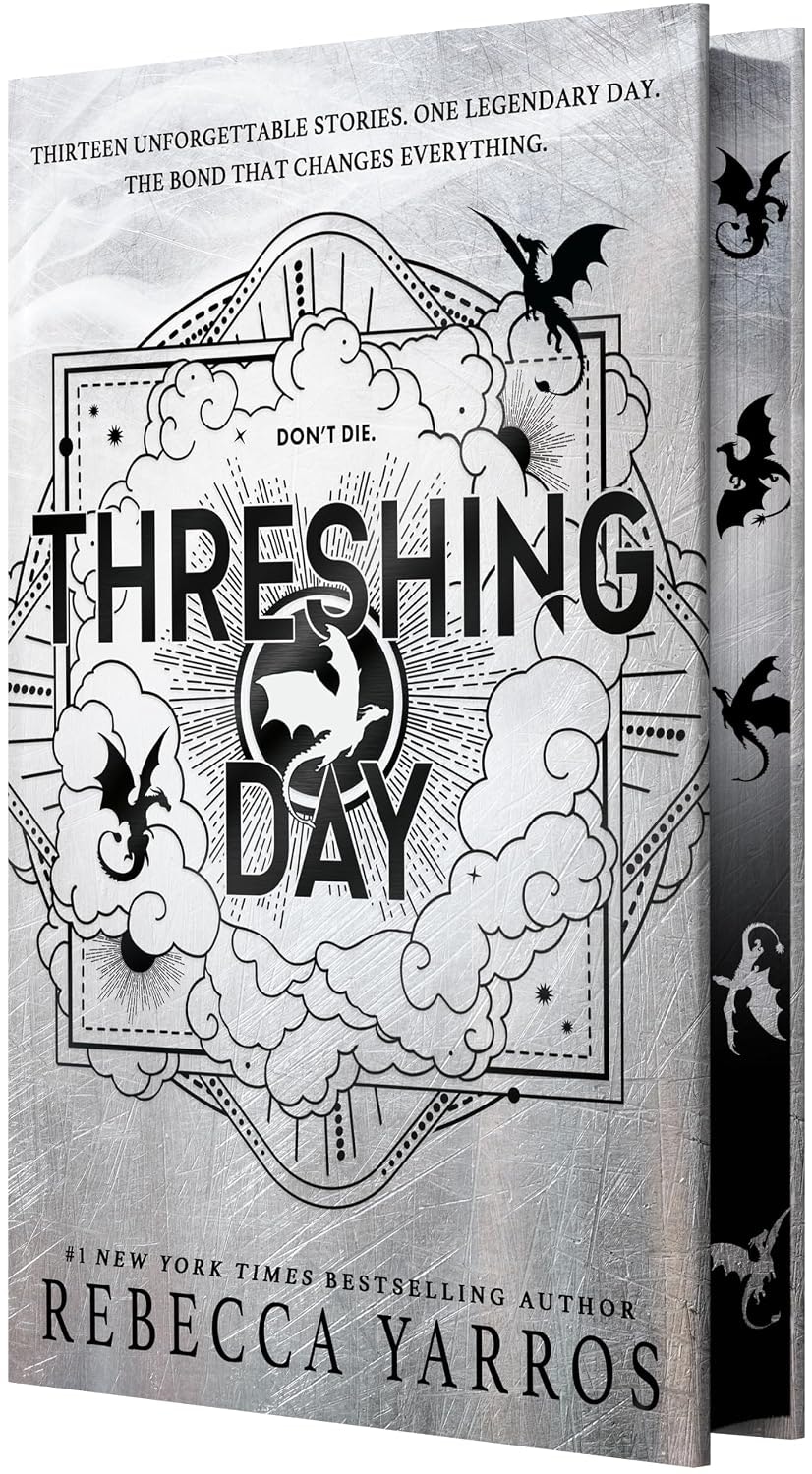 The image features "Threshing Day," a book by Rebecca Yarros, hinting at thrilling stories and a life-changing bond.