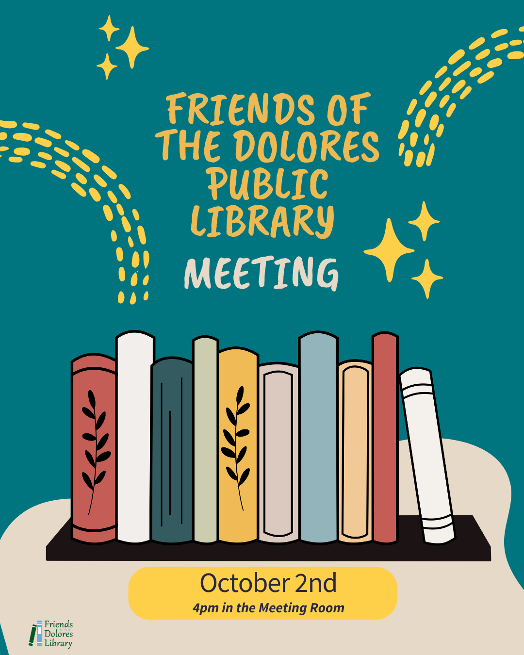 Library meeting announcement, October 2nd, 4pm in the Meeting Room, with book illustrations and decorative elements.