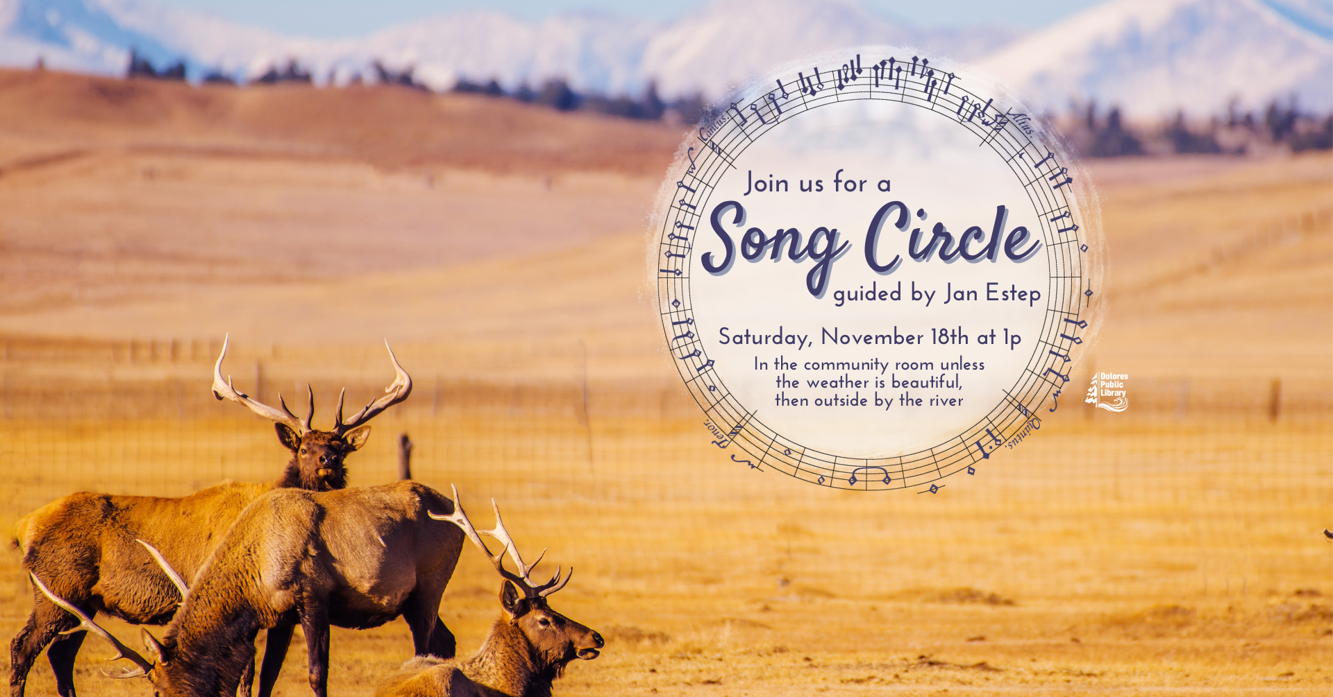 The image promotes a Song Circle event on November 18th at 1 PM, guided by Jan Estep, with an outdoor option if weather permits.