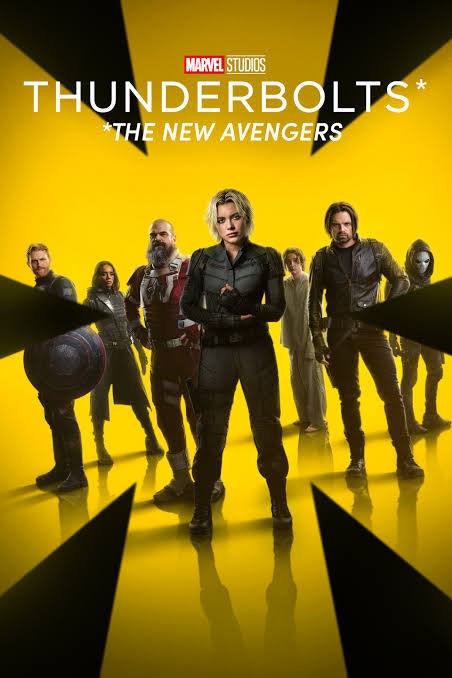 Poster of "Thunderbolts" featuring a group of characters standing heroically against a yellow background with black elements.