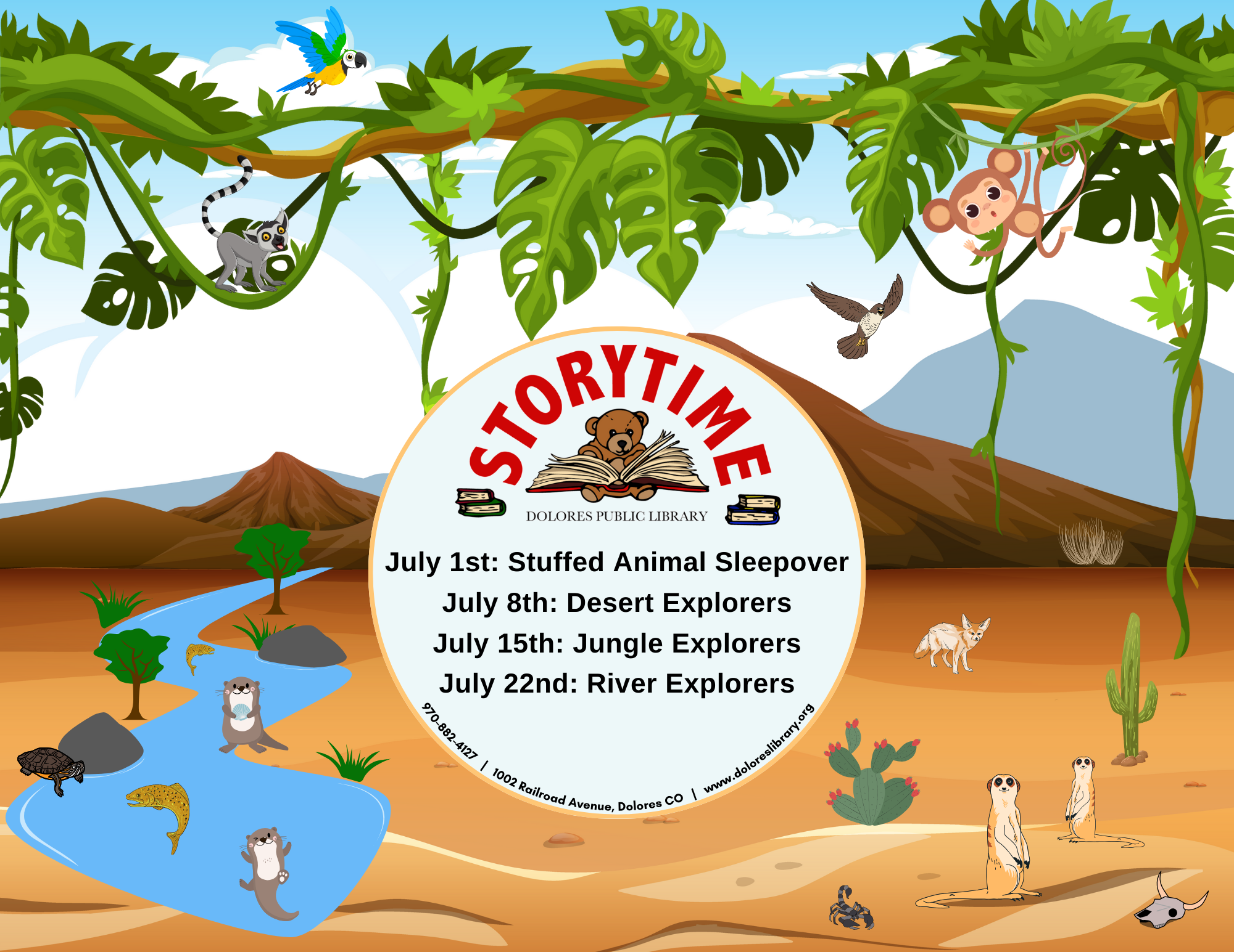 A colorful jungle scene promoting a library's Storytime event with themed dates for exploring different environments.