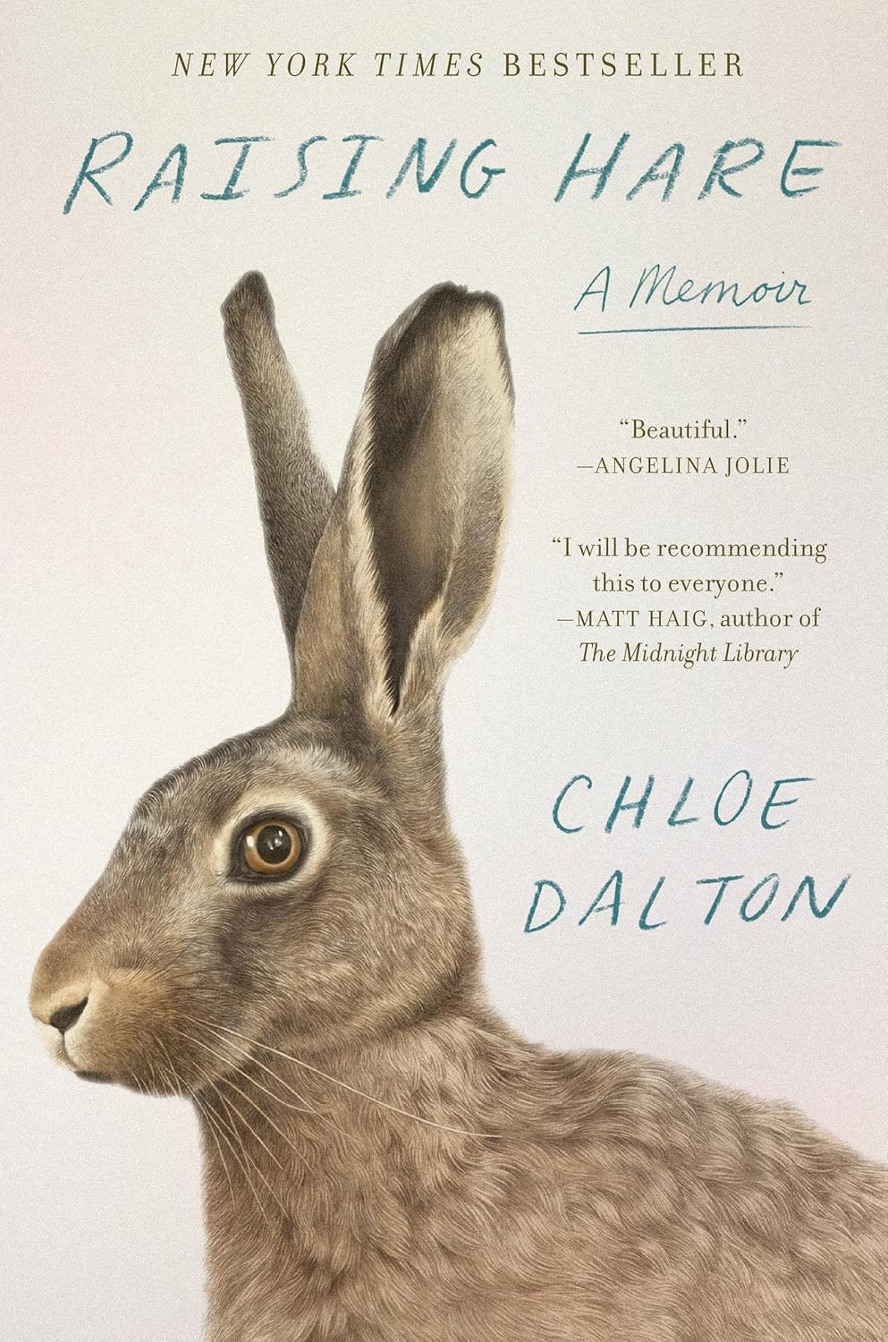 Book cover: "Raising Hare" by Chloe Dalton. Features a realistic hare and praise quotes.
