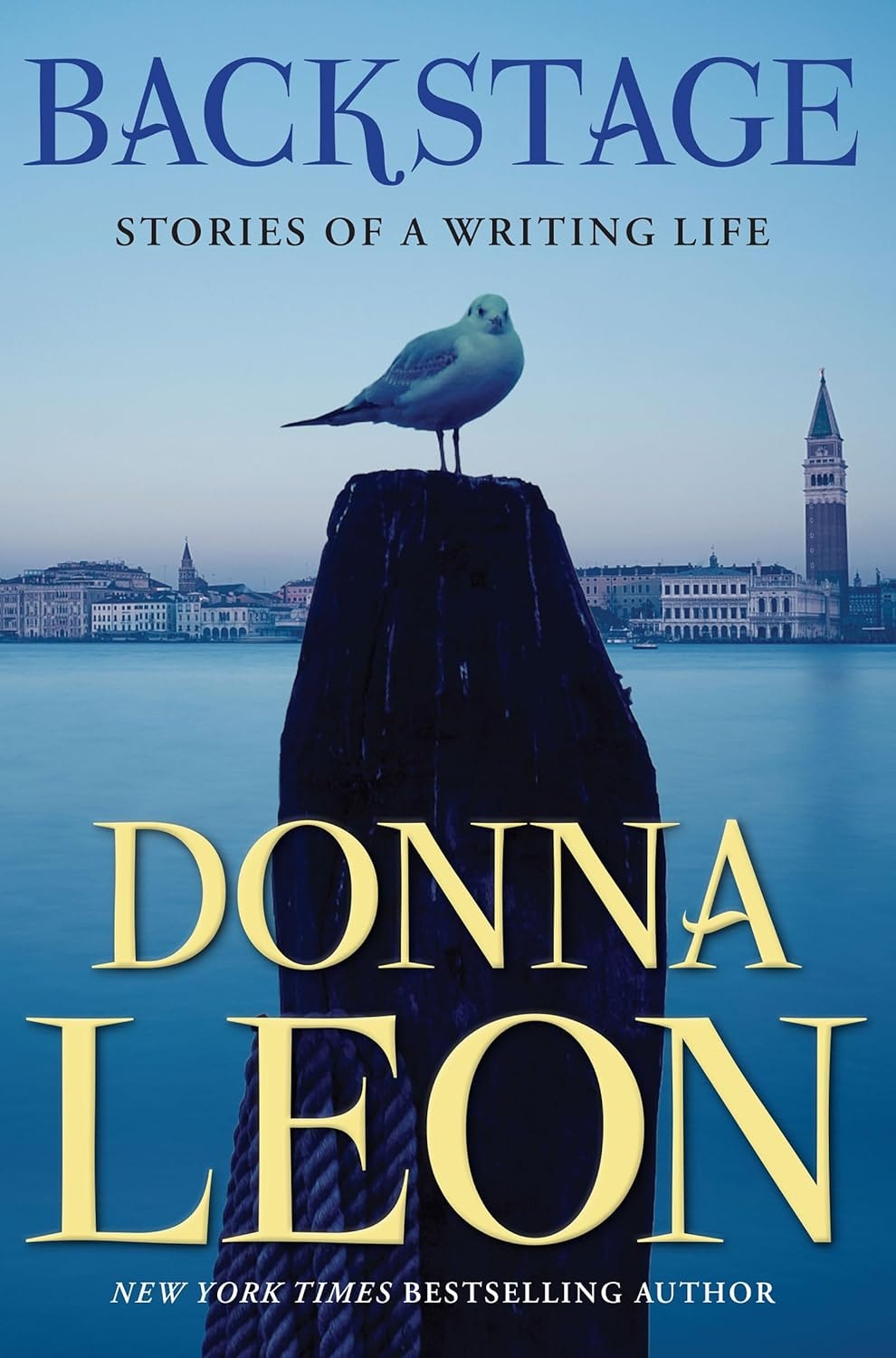 Book cover: "Backstage: Stories of a Writing Life" by Donna Leon. Features a seagull on a post with Venice cityscape in the background.