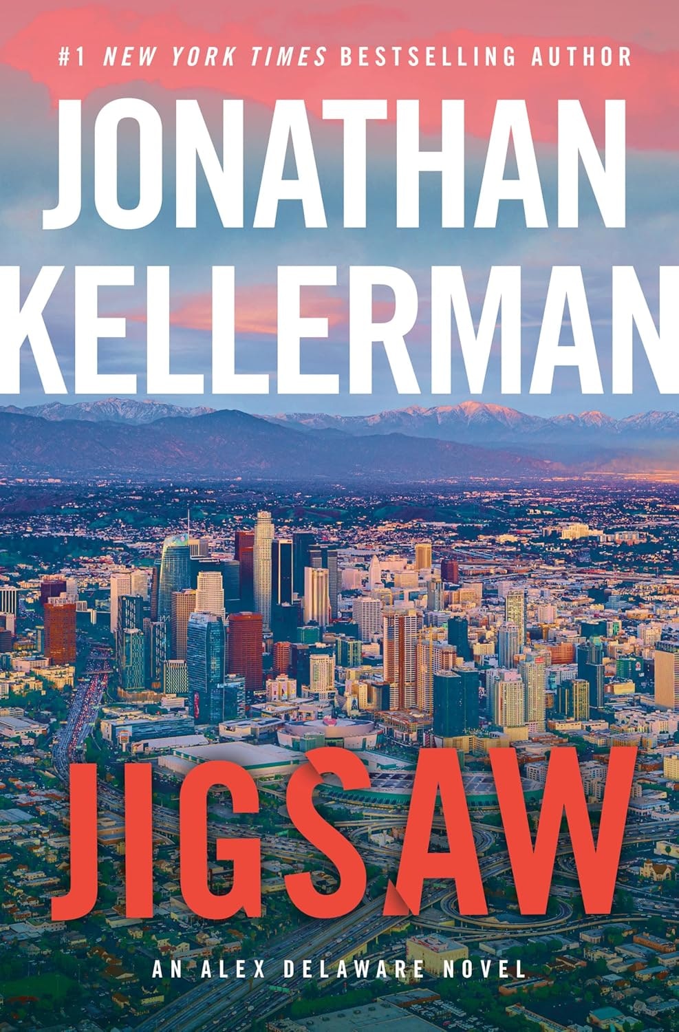 The image is a book cover for "Jigsaw" by Jonathan Kellerman, featuring a city skyline and highlighting it as an Alex Delaware novel.