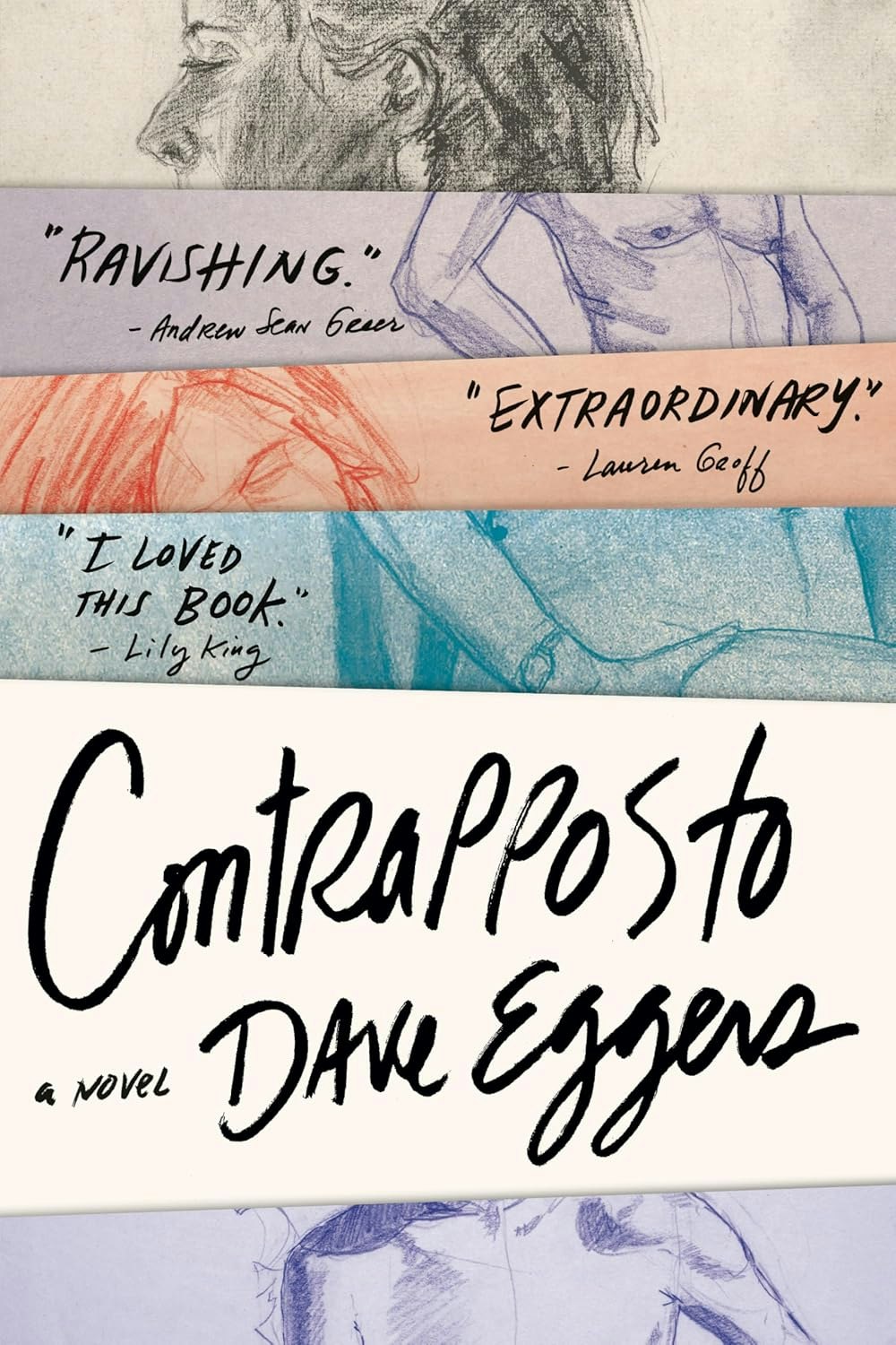 The image features the book cover of "Contrapposto" by Dave Eggers, with various positive quotes about the novel.