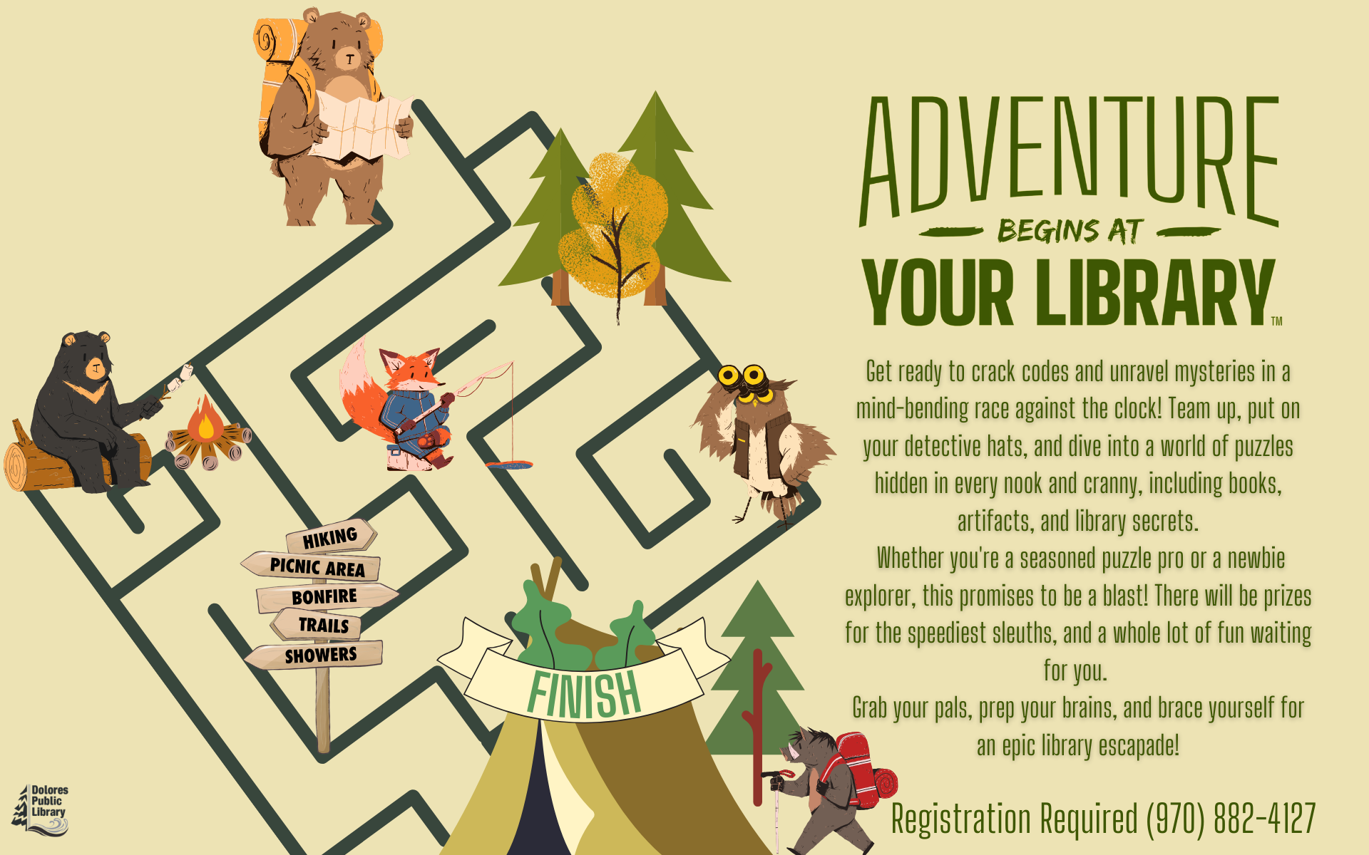 Illustration of anthropomorphic animals on an adventure; maze-like design with text promoting an event at a library.