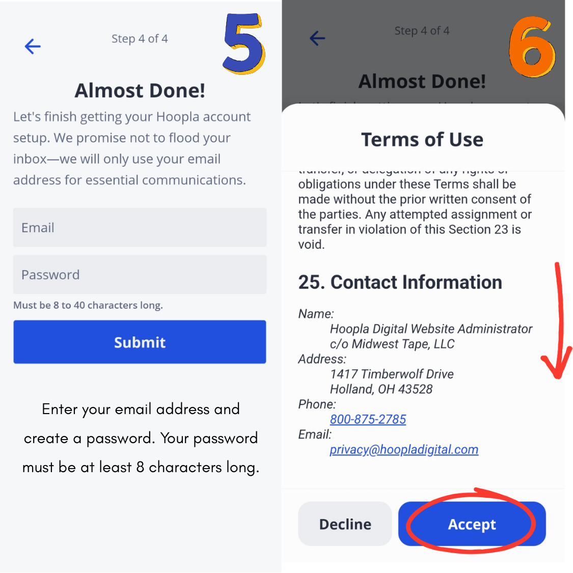 Screenshots show final steps to set up a Hoopla account, including email/password entry and terms of use acceptance.