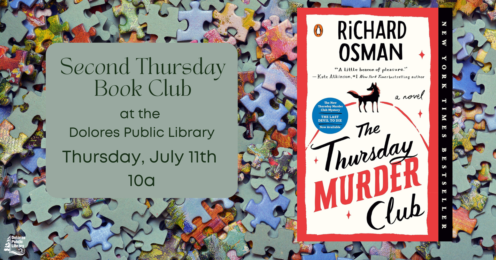 A book club ad for "The Thursday Murder Club" at a public library with a jigsaw puzzle background.