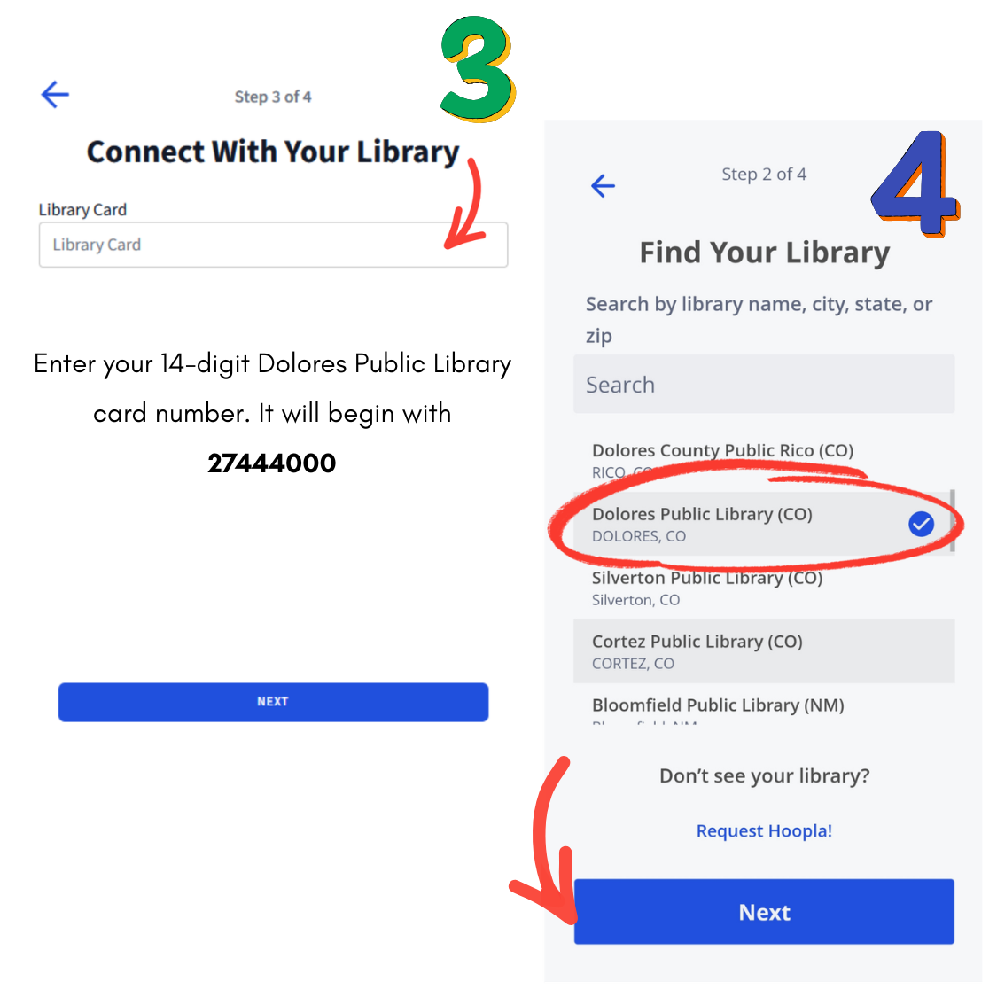 Instructions for connecting to Dolores Public Library using a library card number starting with 27444000.